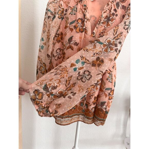 NWOT. Joie Peach Floral Fairy Sheer Women Chiffon Ruffle Top Tie Blouse.V-neck.S - Picture 2 of 7